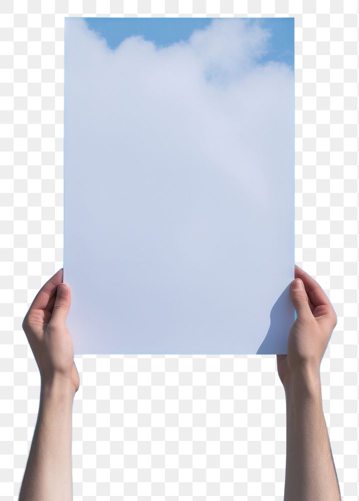 PNG Hand holding white A0 vertical poster sky outdoors blue.