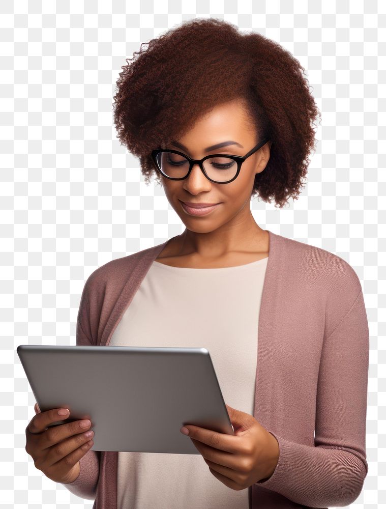PNG  African american woman glasses computer reading.