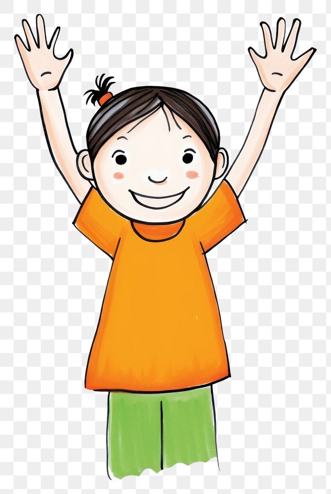 PNG Asian girl hands up drawing cartoon portrait.