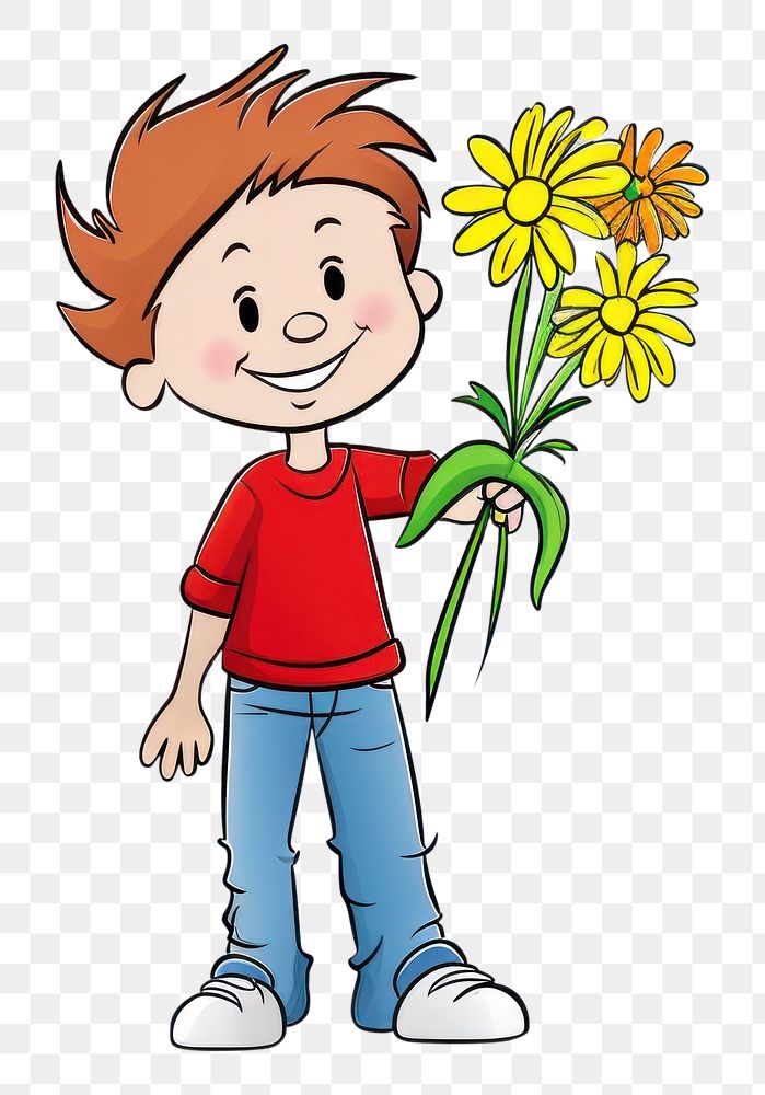 PNG Boy holding a bouquet drawing cartoon sketch.