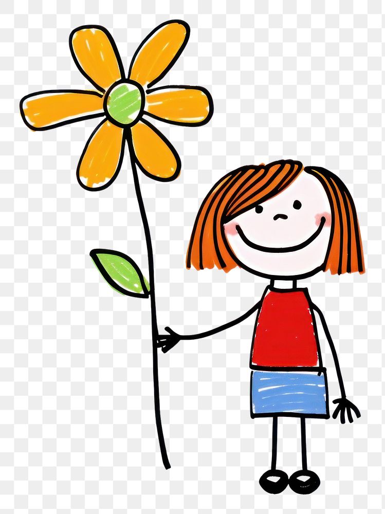 PNG  Girl holding a flower cartoon drawing sketch.