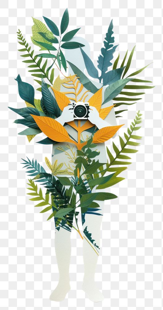 PNG Paper collage with a person camera plant leaf.