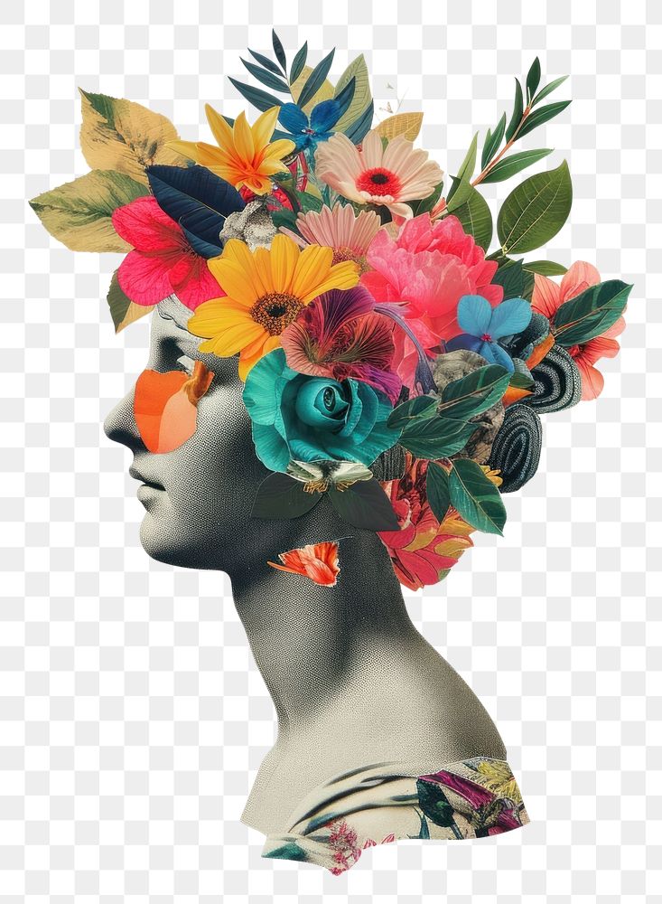 PNG Cut paper collage with statue art painting flower
