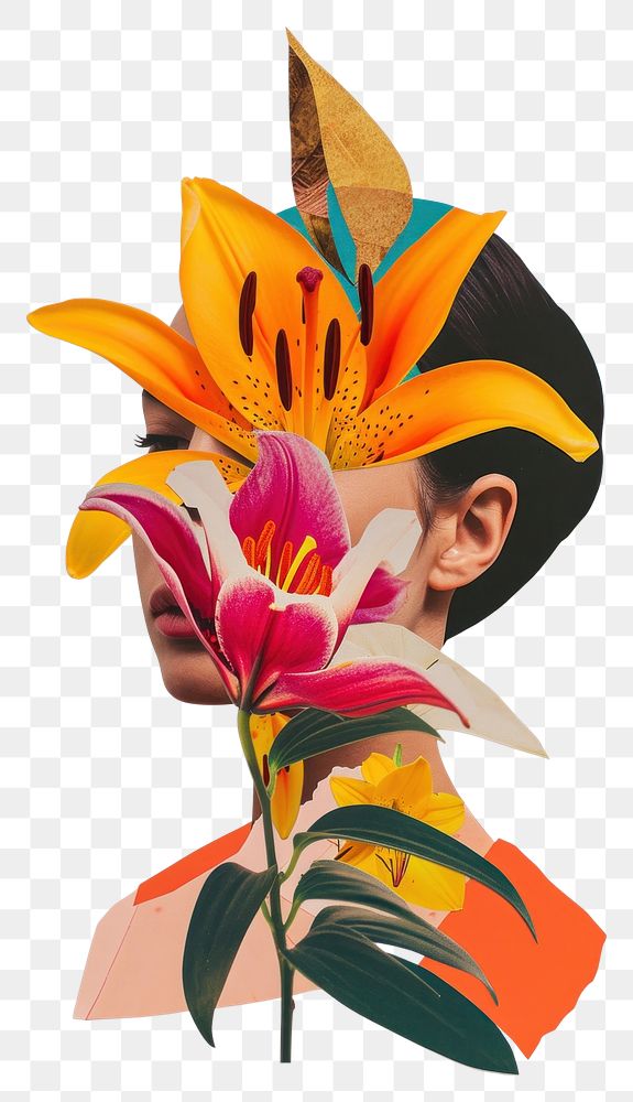 PNG Cut paper collage with female flower lily art.