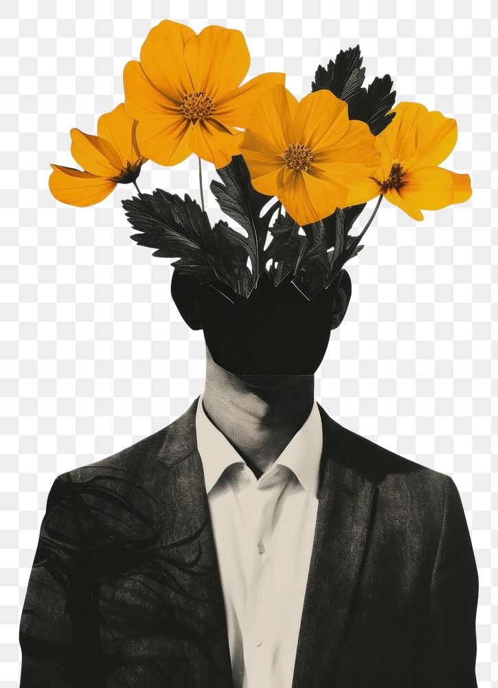 PNG Cut paper collage with a man flower sunflower portrait.
