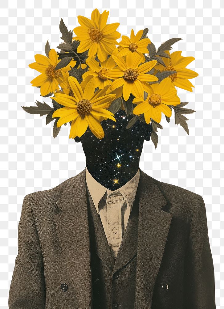 PNG Cut paper collage with a man flower sunflower yellow