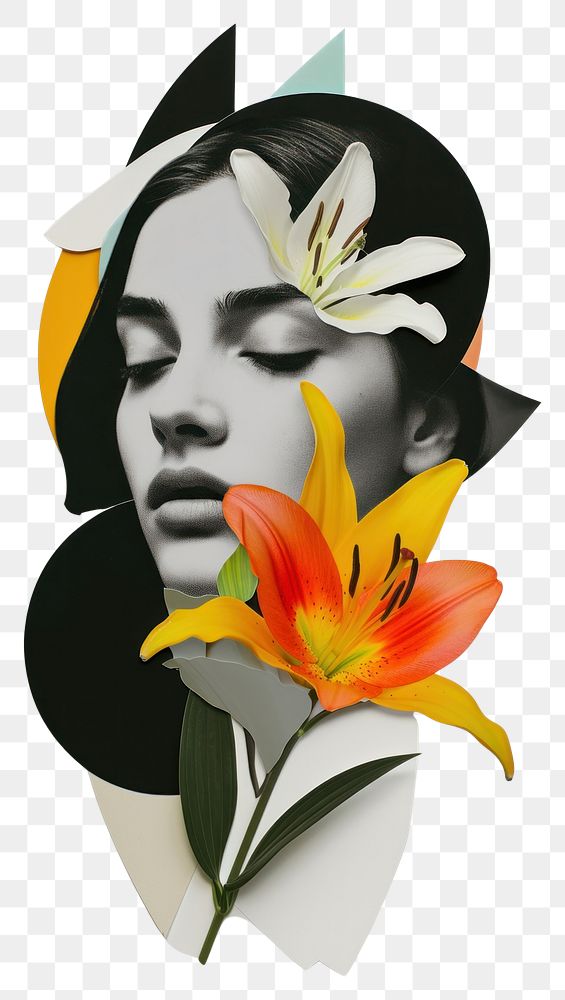 PNG Cut paper collage with female flower lily art