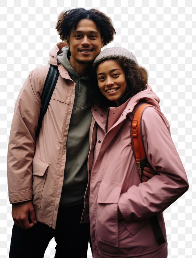 PNG Samoan couple hiking outdoors forest jacket.