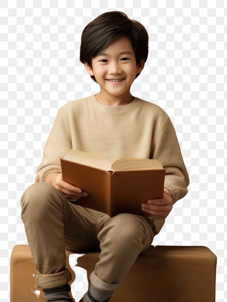 PNG Taiwanese little boy reading sitting smile.