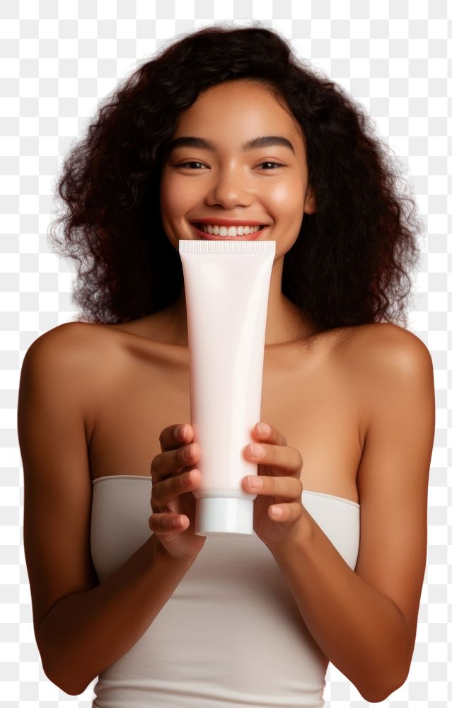 PNG Holding squeeze plastic tube container of cream portrait hand skin.