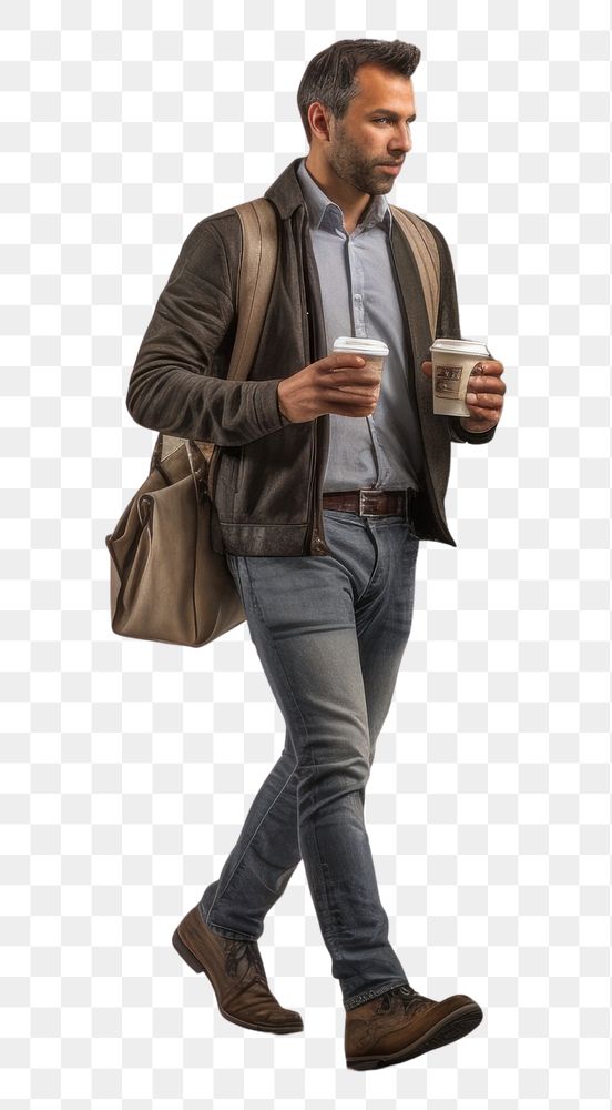 PNG Man walking with a coffee adult architecture pedestrian. AI generated Image by rawpixel.