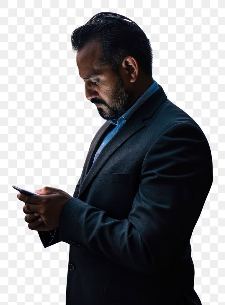 PNG Man in suit looking at his phone adult city architecture. AI generated Image by rawpixel.