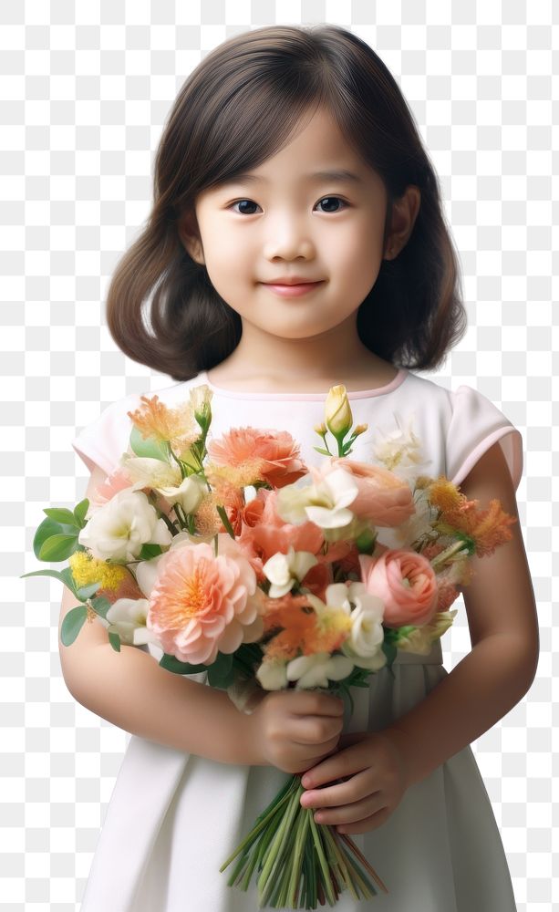 PNG Hongkonger little girl holding a flower bouquet portrait dress plant.