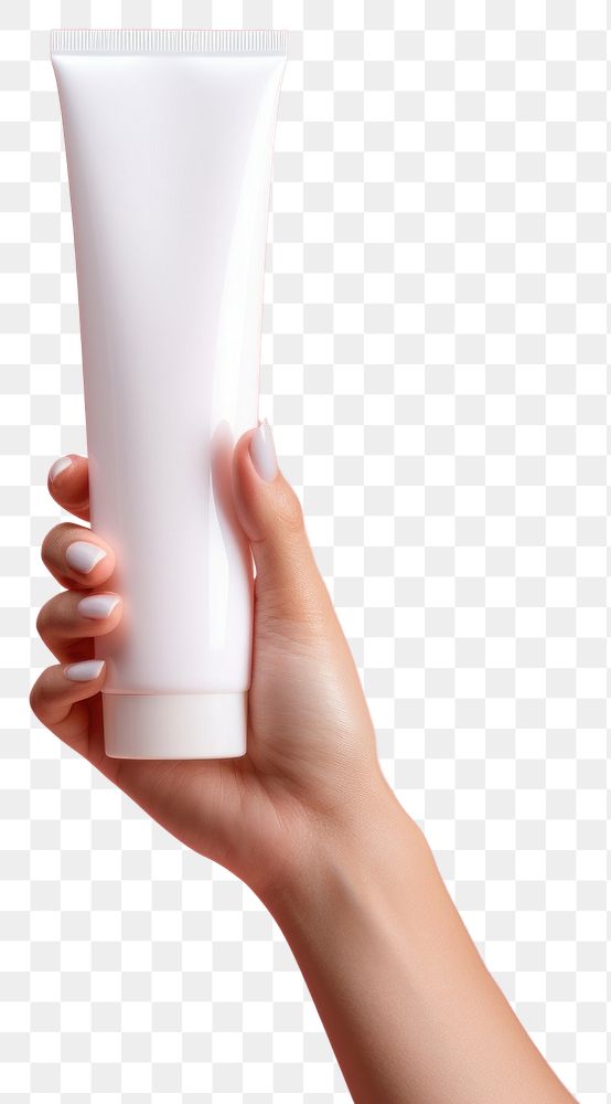 PNG Hand holding squeeze bottle plastic tube container of cream milk refreshment cosmetics.