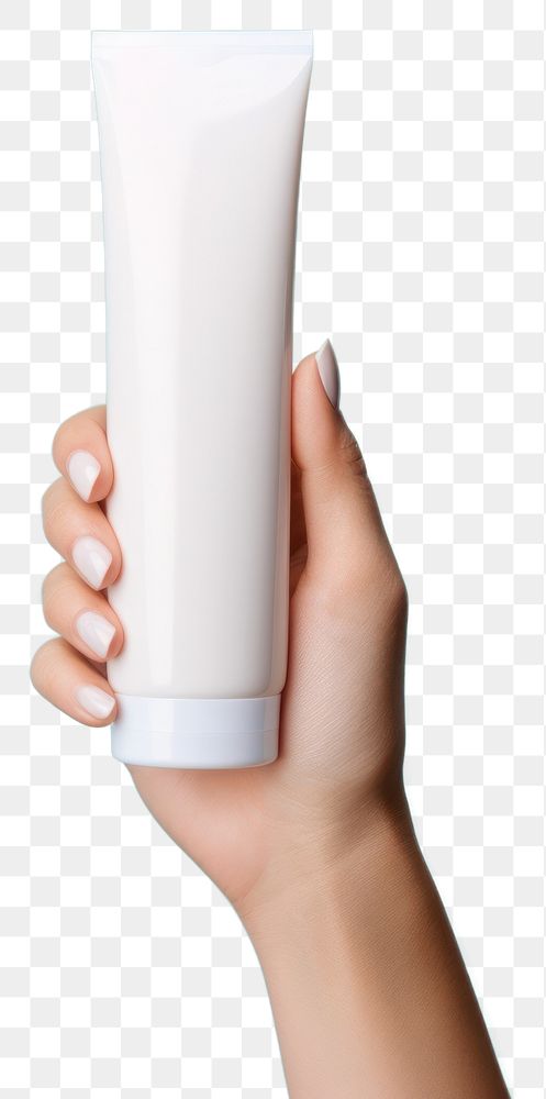 PNG Hand holding squeeze bottle plastic tube container of cream milk toothpaste cosmetics.