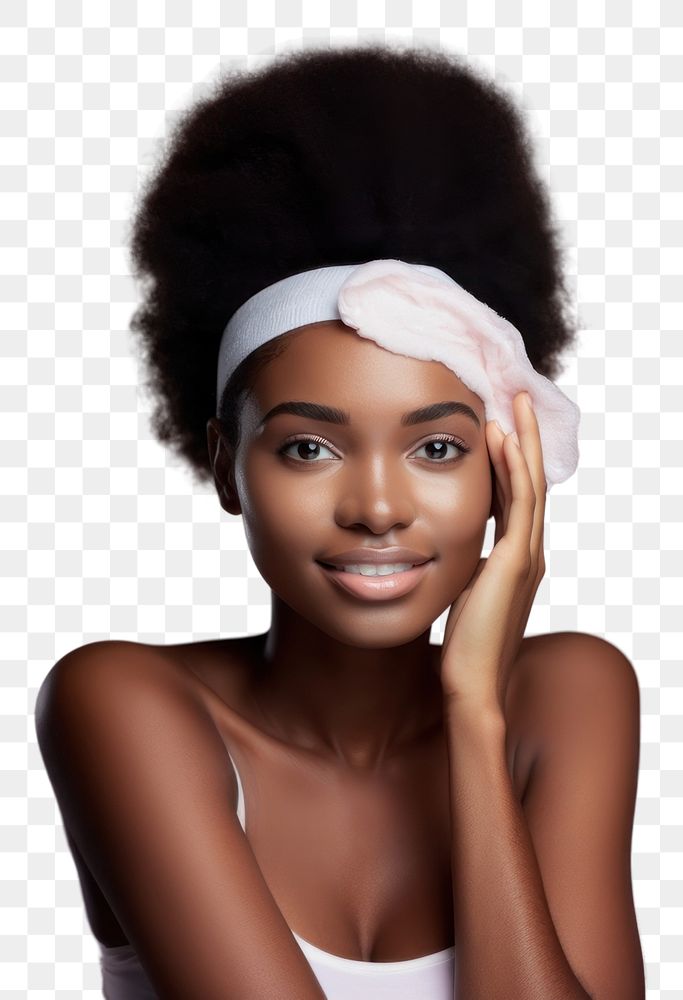 PNG Cleansing her face skin with a cotton pad portrait adult photo.