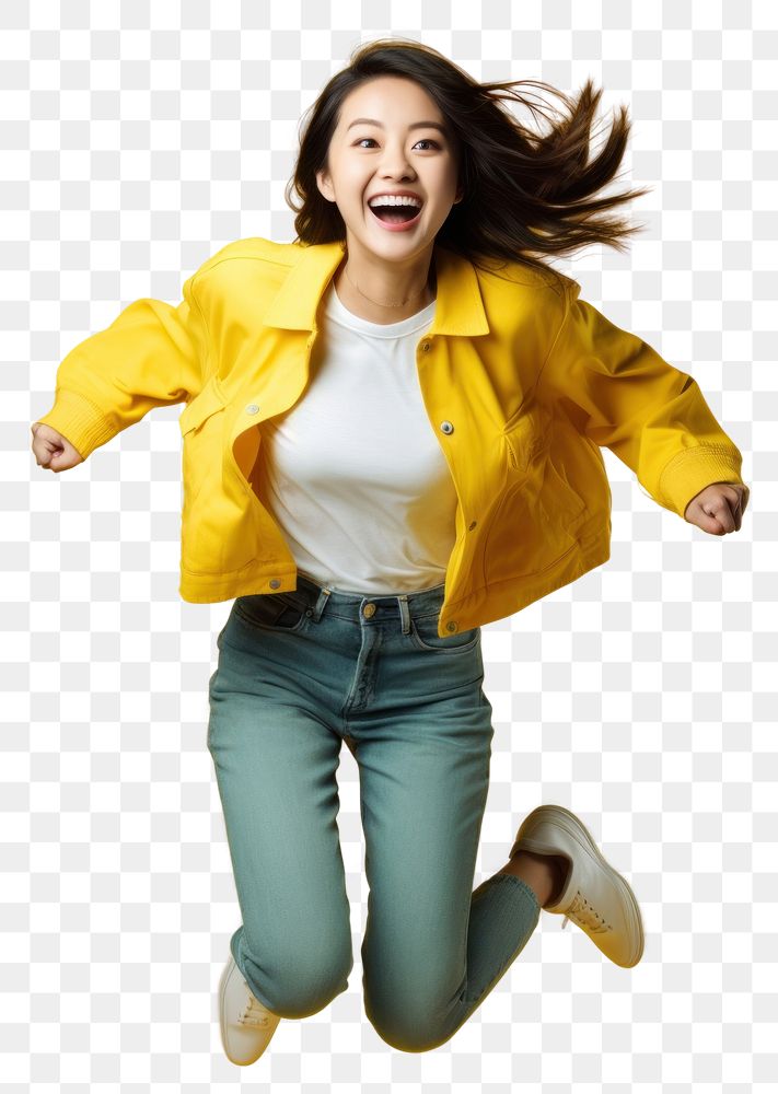 PNG Young Chinese woman full-length jumping laughing smiling yellow.