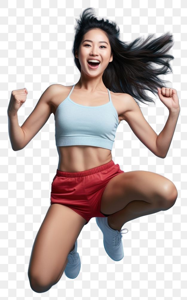 PNG Young Chinese woman full-length model jump smiling sports shorts.