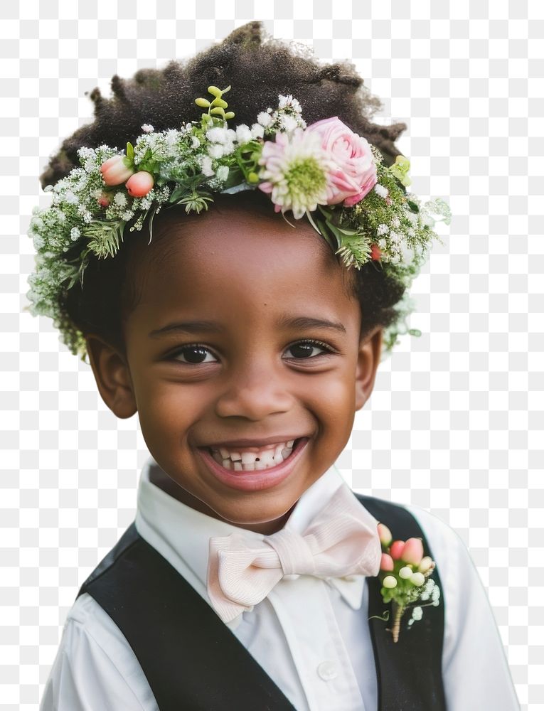 PNG Happy black flower boy portrait wedding smile.