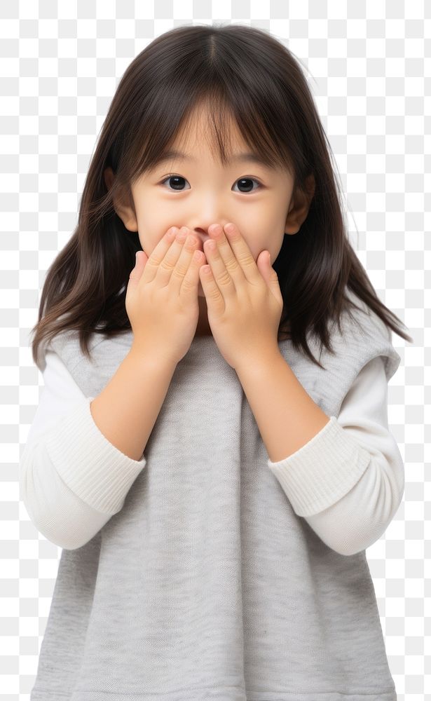 PNG Covering mouth with hands child girl white background.