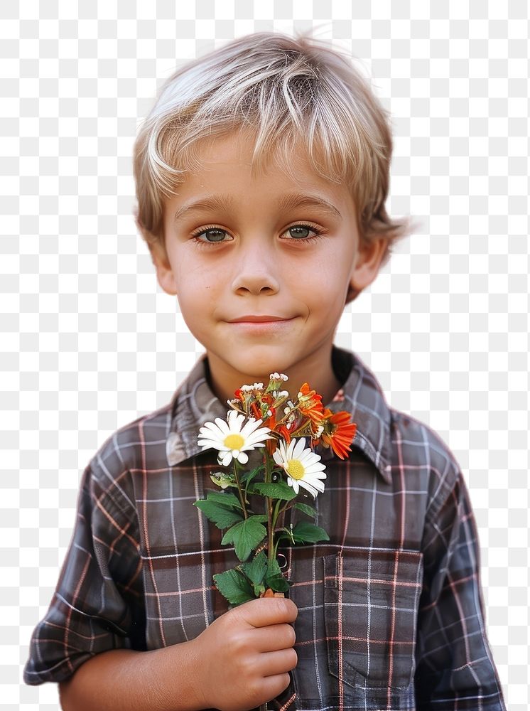 PNG A little boy holding flowers portrait child plant.