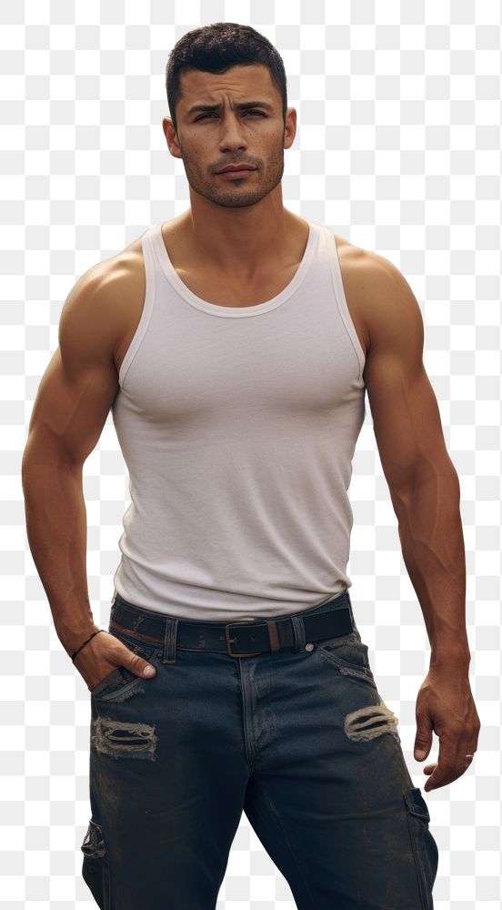PNG White tank top and jeans poses adult standing sports.