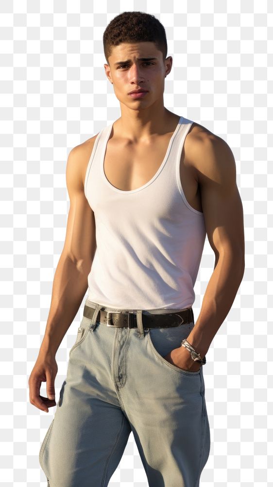 PNG White tank top and jeans poses standing sports road.