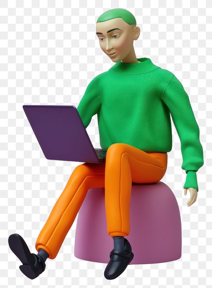 PNG  Man with laptop toy figurine cartoon. AI generated Image by rawpixel.