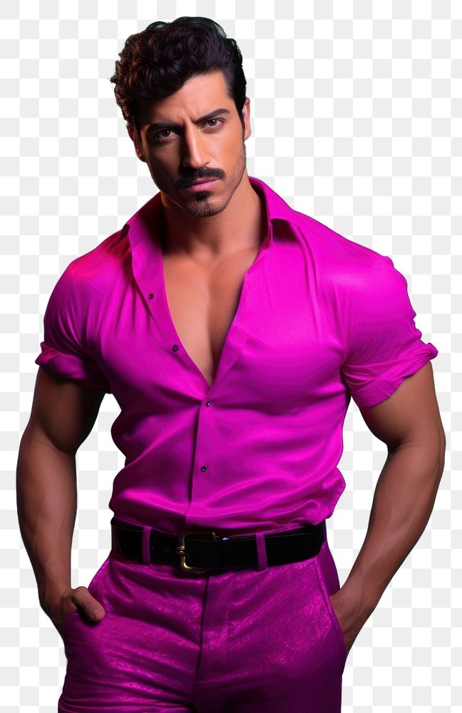 PNG Hispanic man in vibrant pants portrait magenta purple.