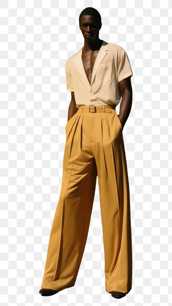 PNG  Black man in tan and navy pants standing fashion yellow. AI generated Image by rawpixel.