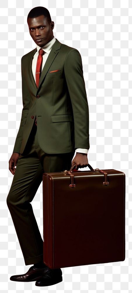 PNG  Brown and black suit carrying a red case briefcase fashion adult. AI generated Image by rawpixel.
