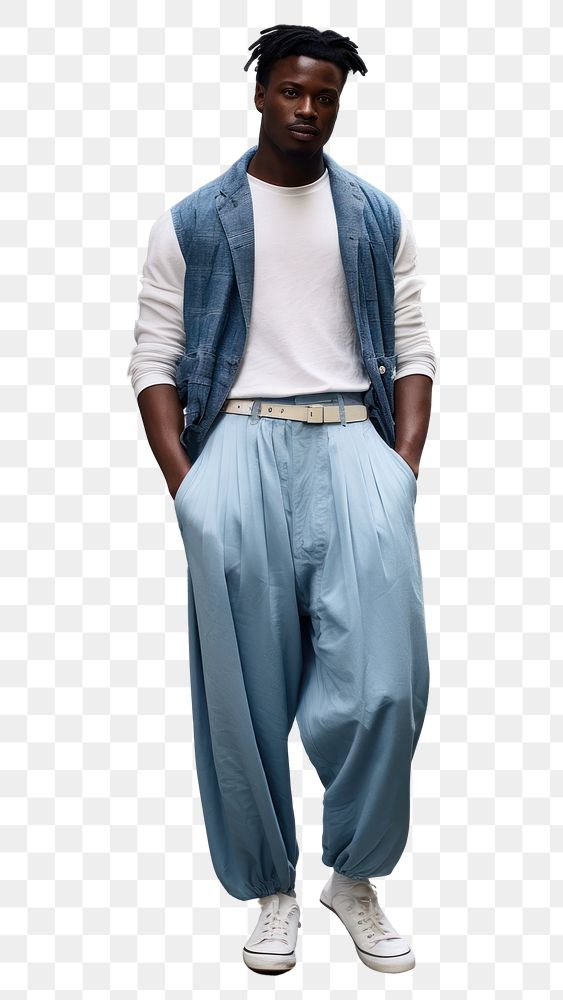 PNG  Man in blue and white widelegged pants standing fashion street. AI generated Image by rawpixel.