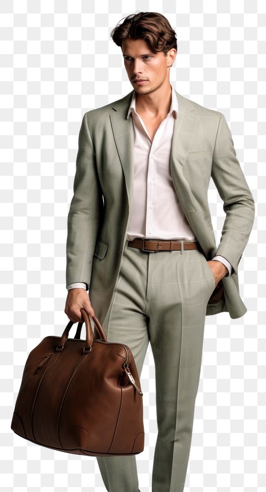 PNG  Man model in a brown suit bag handbag fashion. AI generated Image by rawpixel.