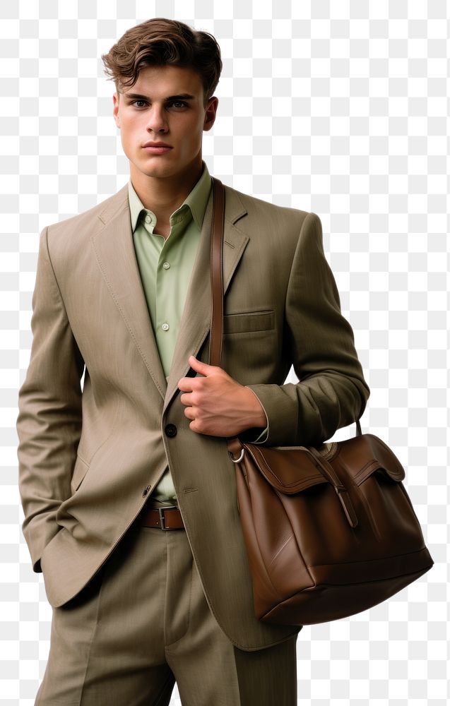 PNG  Man model in a brown suit bag fashion blazer. AI generated Image by rawpixel.