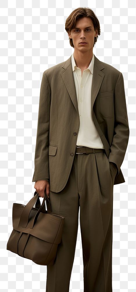 PNG  Model in a brown suit bag handbag fashion. AI generated Image by rawpixel.