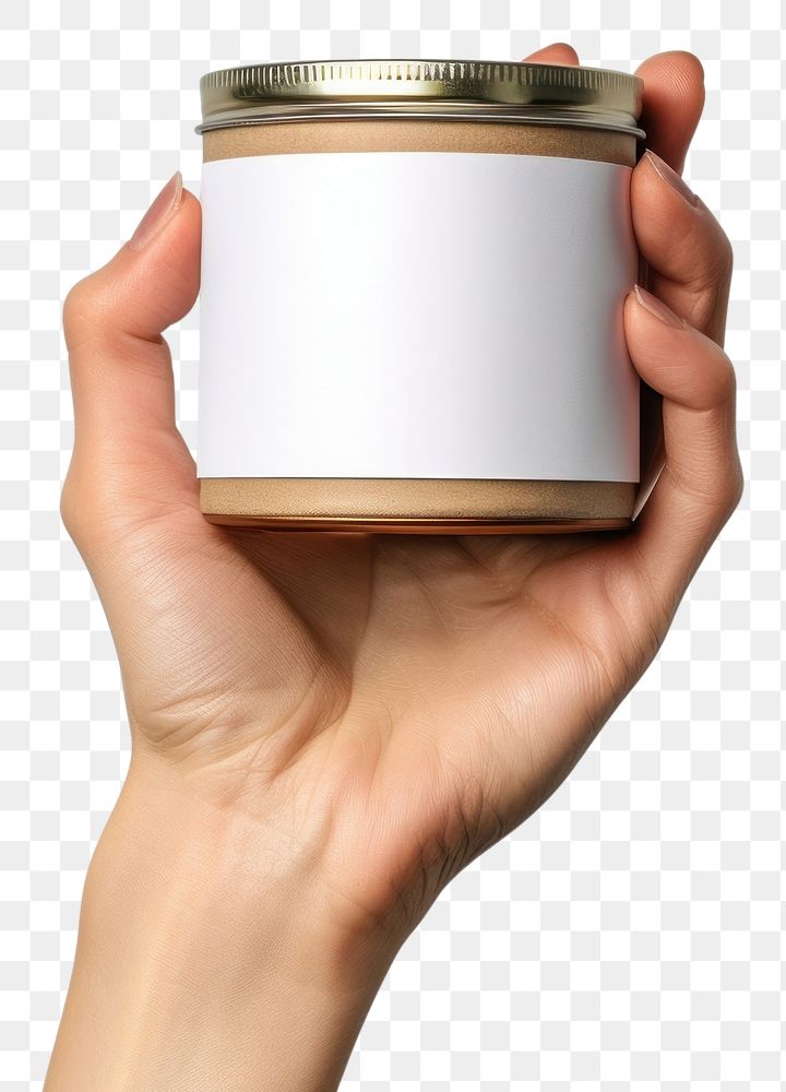 PNG Hand holding food can with blank label mockup packaging finger cup container.