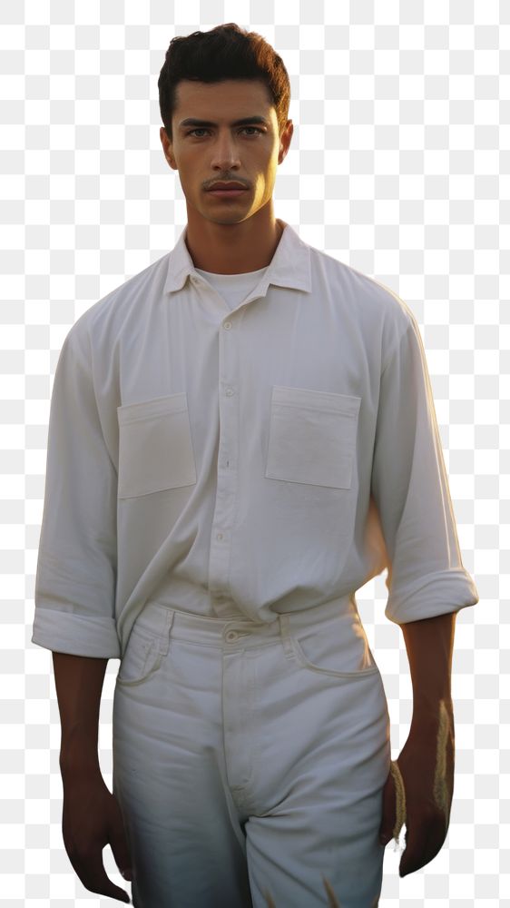 PNG Hispanic man with minimal white shirt standing portrait outdoors.