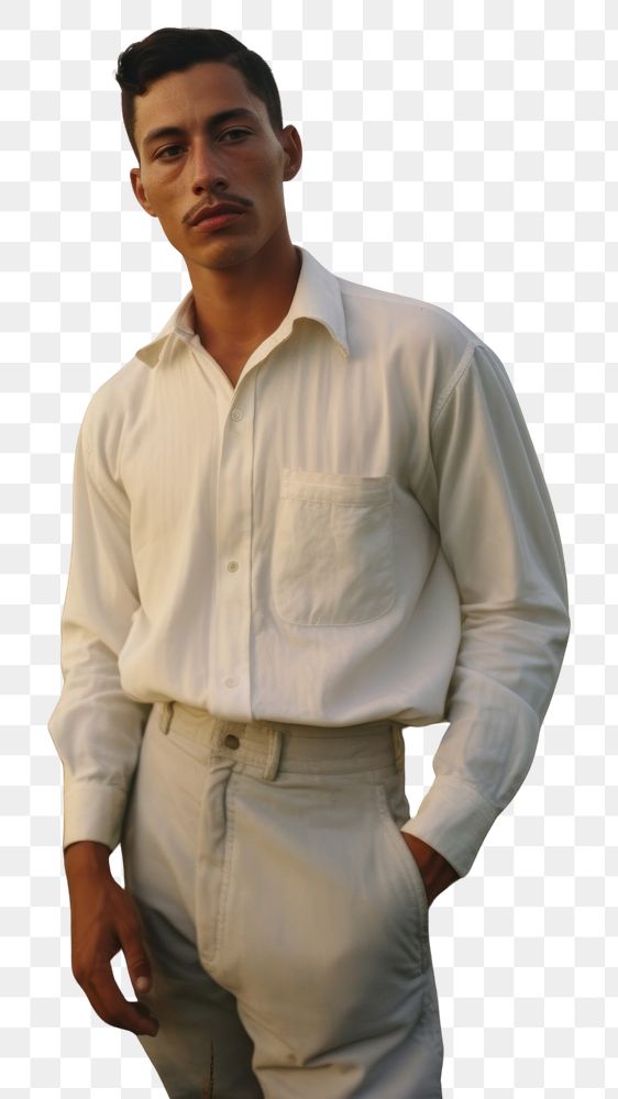PNG Hispanic man with minimal white shirt standing nature field.