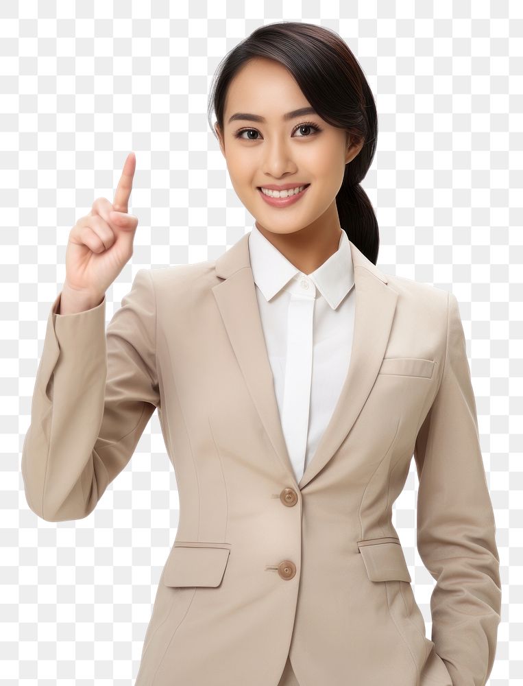 PNG Young south east asian woman 2 hand pointing down finger blazer white background.