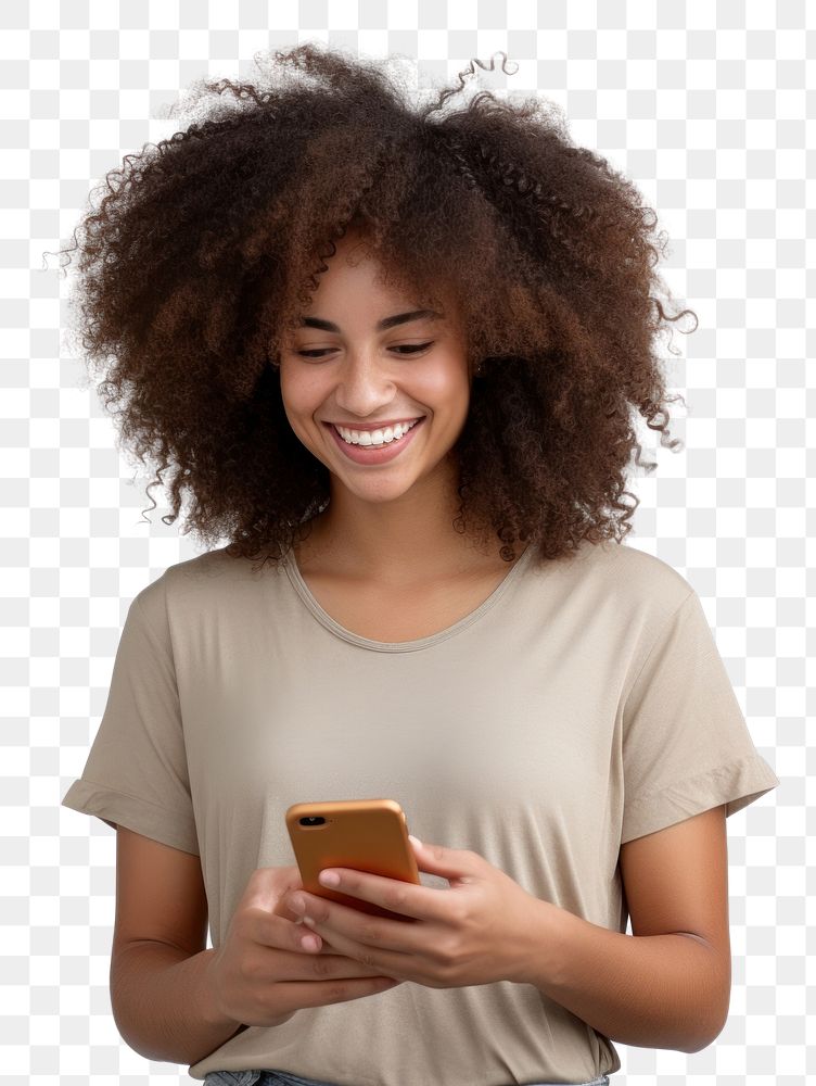 PNG Smiling young lady with afro hair t-shirt holding smile.