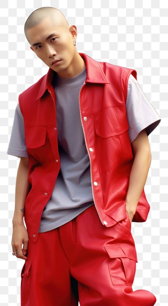 PNG Asian boy Buzz Cut fashion sports red.
