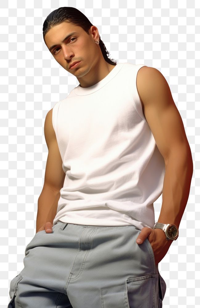 PNG White tank top and jeans poses fashion sports adult.