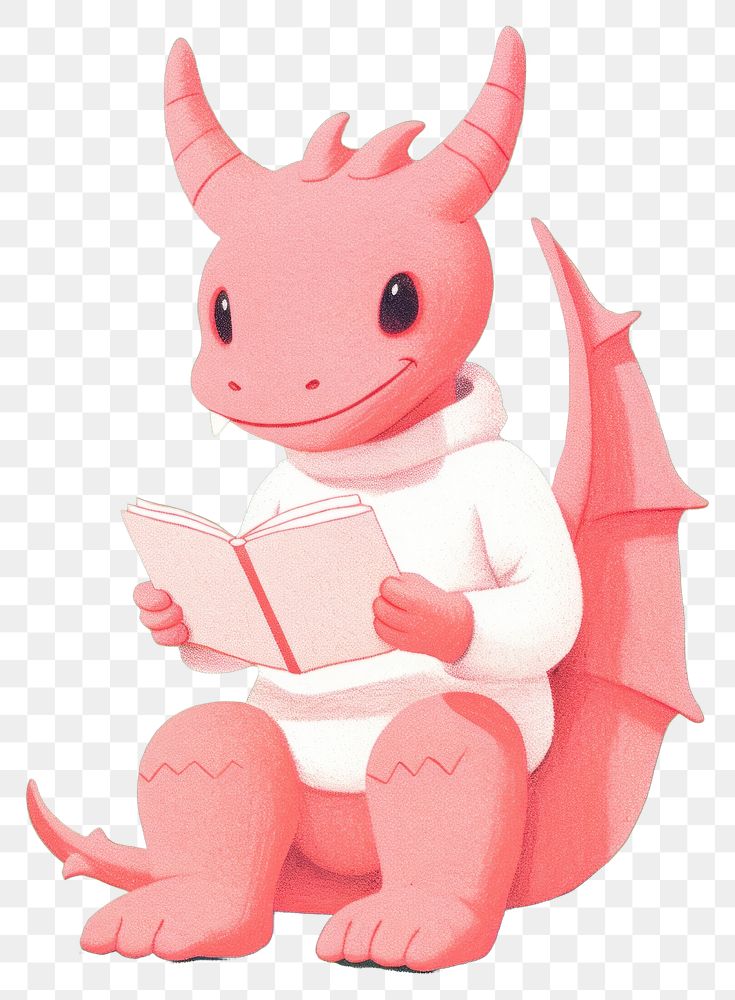 PNG Cute dragon reading a book cartoon toy representation.