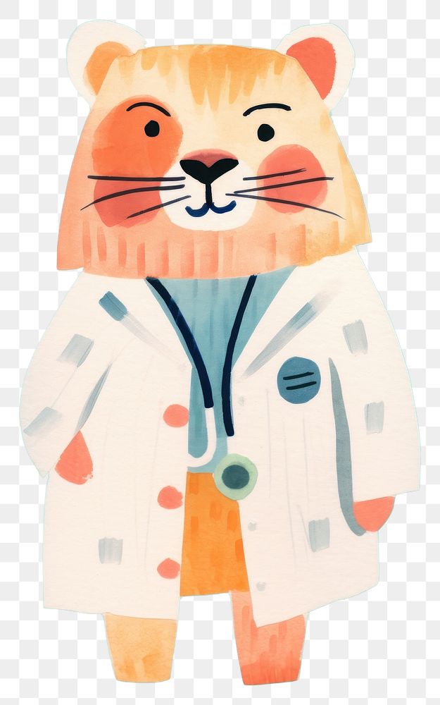 PNG Cute lion wearing laboratory gown art anthropomorphic representation.