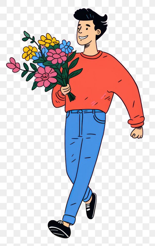 PNG Man holding a bunch of flowers cartoon drawing celebration. AI generated Image by rawpixel.