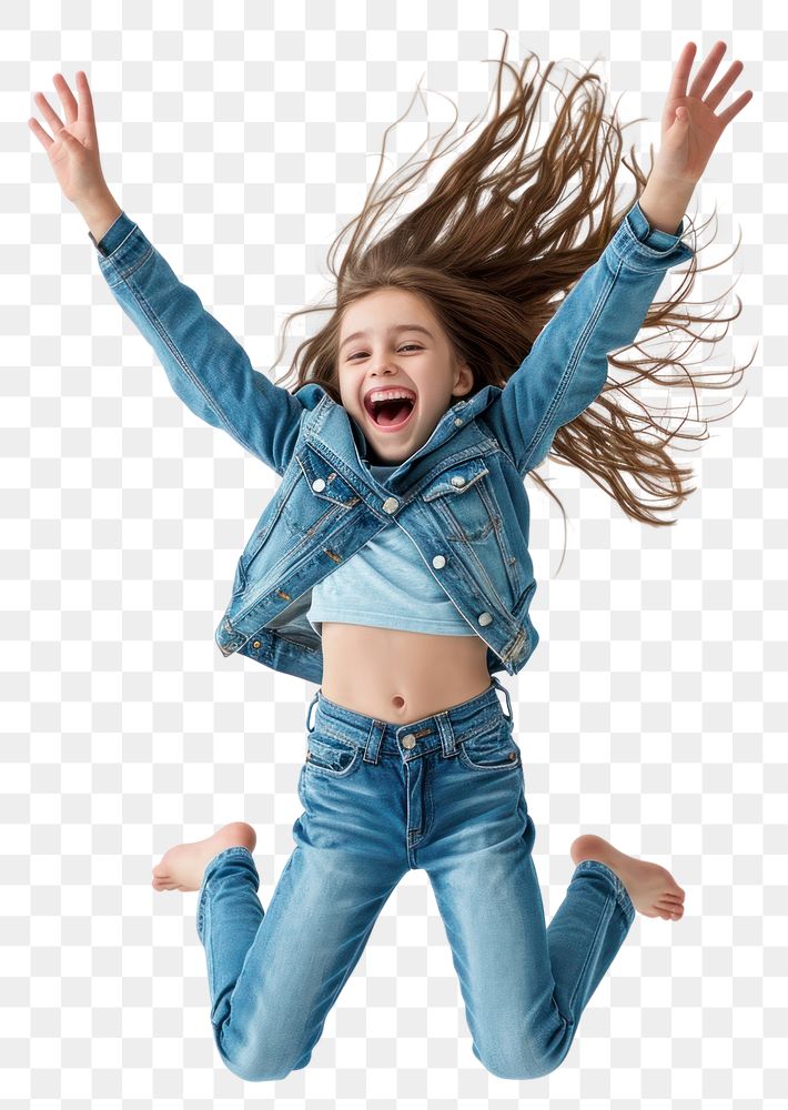 PNG  Excited happy pretty girl in jeans clothes high jump portrait jumping child.