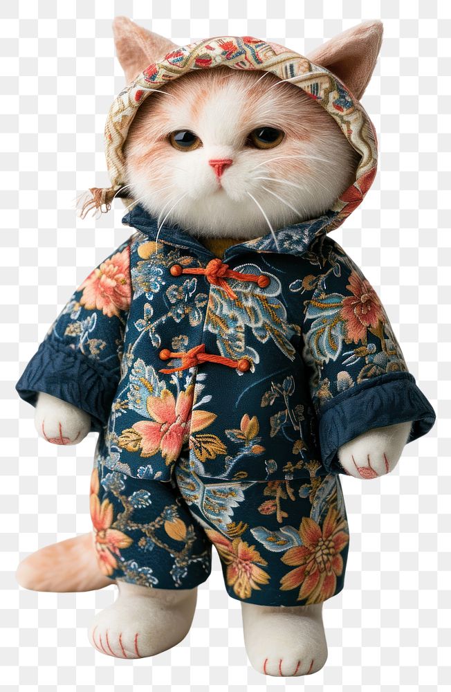 PNG Stuffed doll cat wearing chinese clothe cute toy representation.