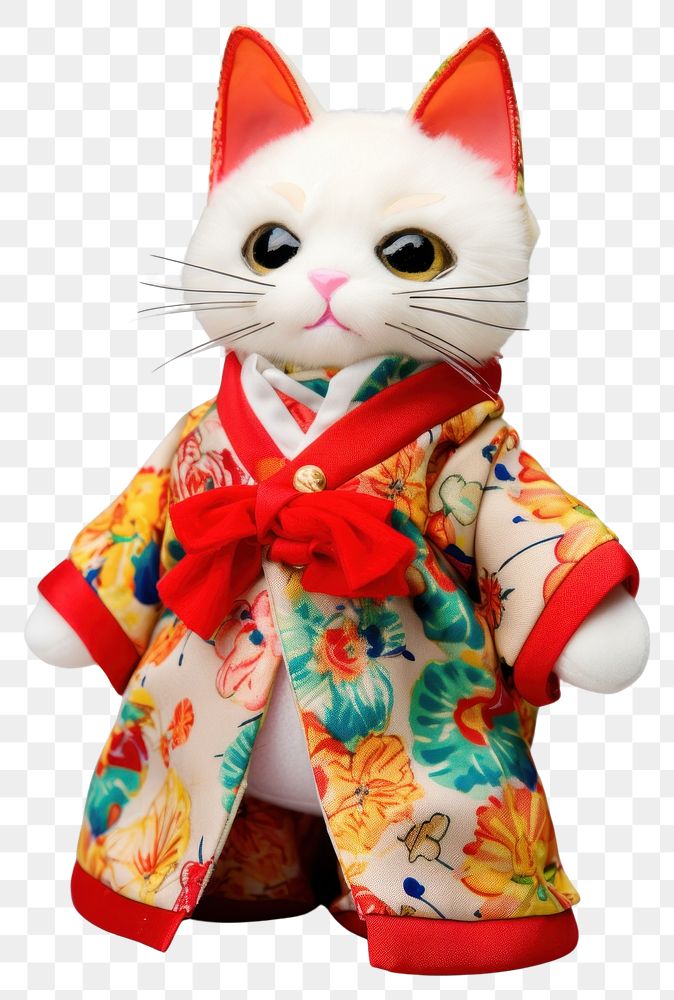 PNG Stuffed doll cat wearing chinese dress mammal kimono cute.