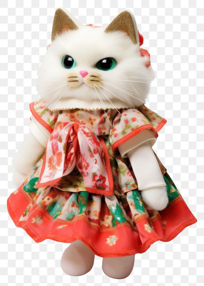 PNG Stuffed doll cat wearing chinese dress mammal animal white.