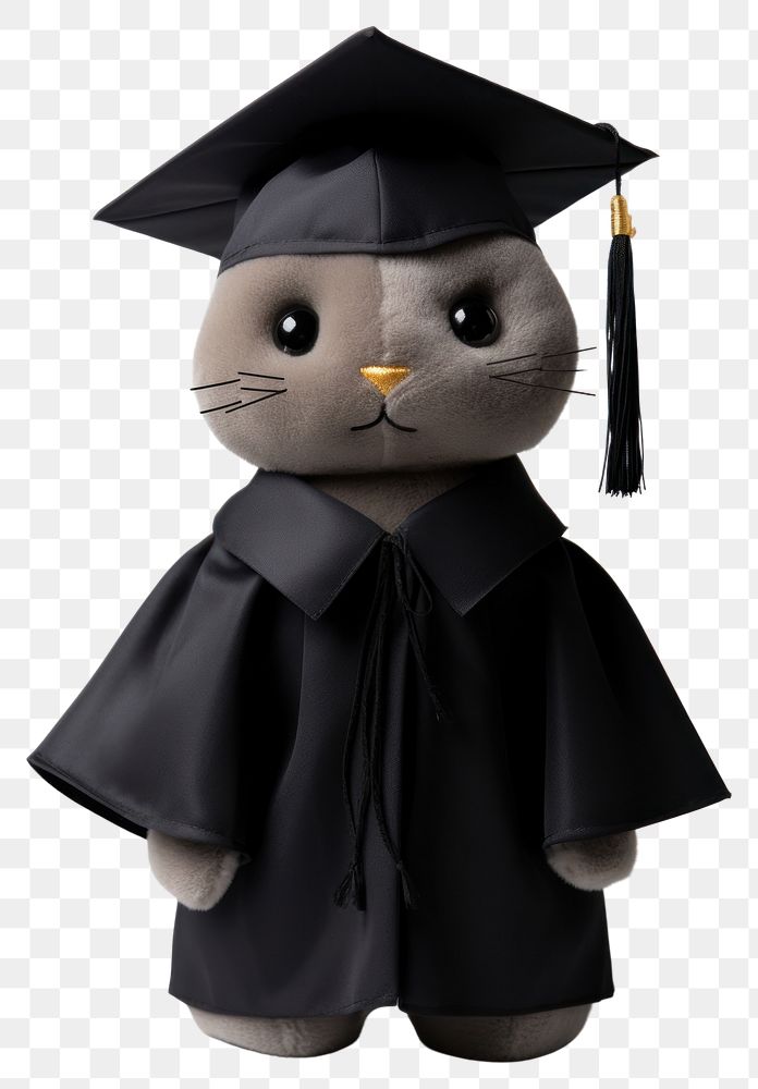 PNG Stuffed doll cat wearing graduation gown toy anthropomorphic representation.